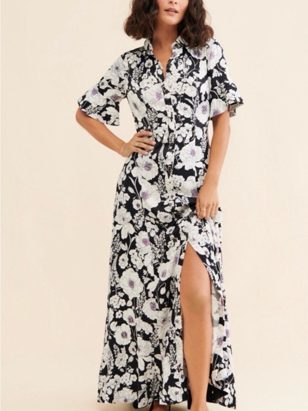 Anthropologie Meave Floral Button-Front Maxi Dress in Black and White
